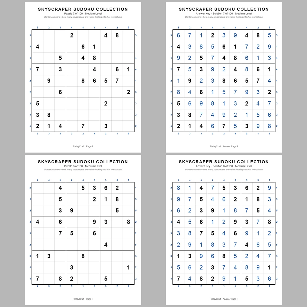 Suooku Puzzle Skyscraper Sudoku 100 Puzzle Pages + 100 Answer Key Pages