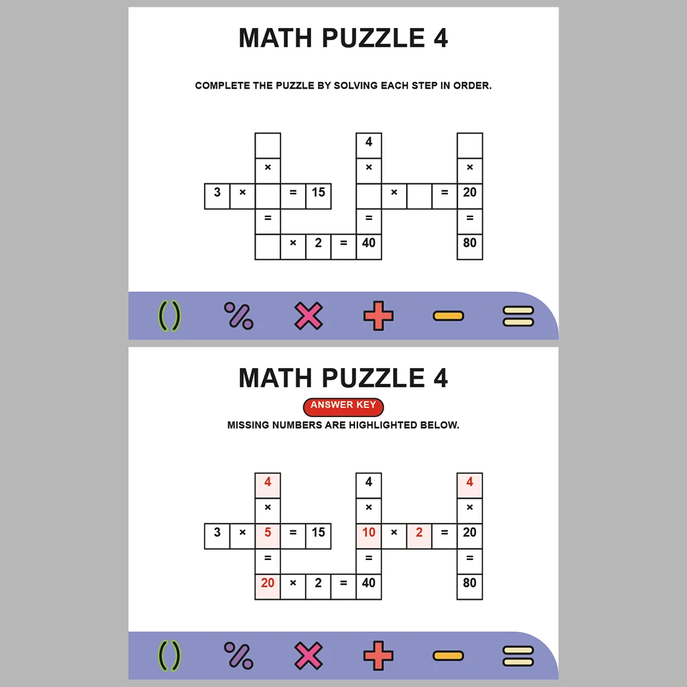 Math Puzzle Multiplication 10 Puzzle Pages + 10 Answer Key Pages (Vol. 5)