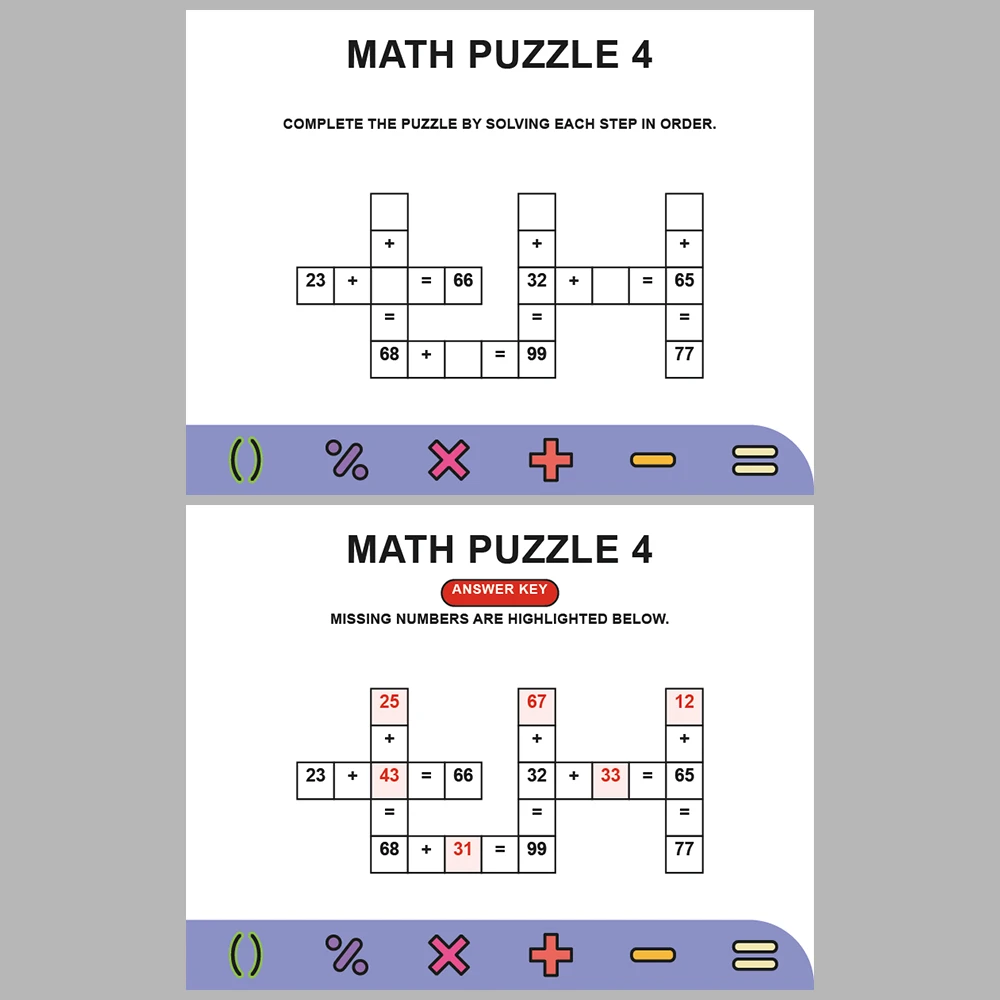 Math Puzzle Addition 10 Puzzle Pages + 10 Answer Key Pages (Vol. 4)