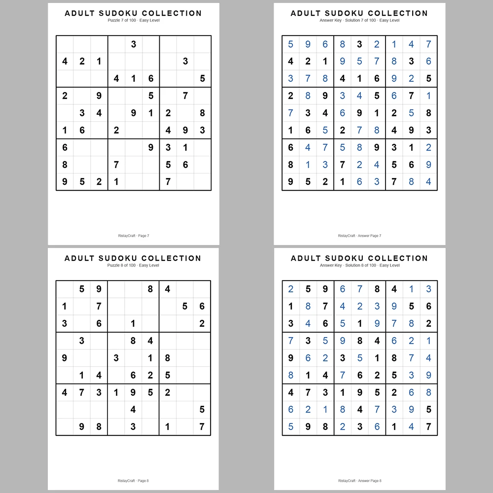 Sudoku Puzzle Adult Easy 100 Puzzle Pages + 100 Answer Key Pages