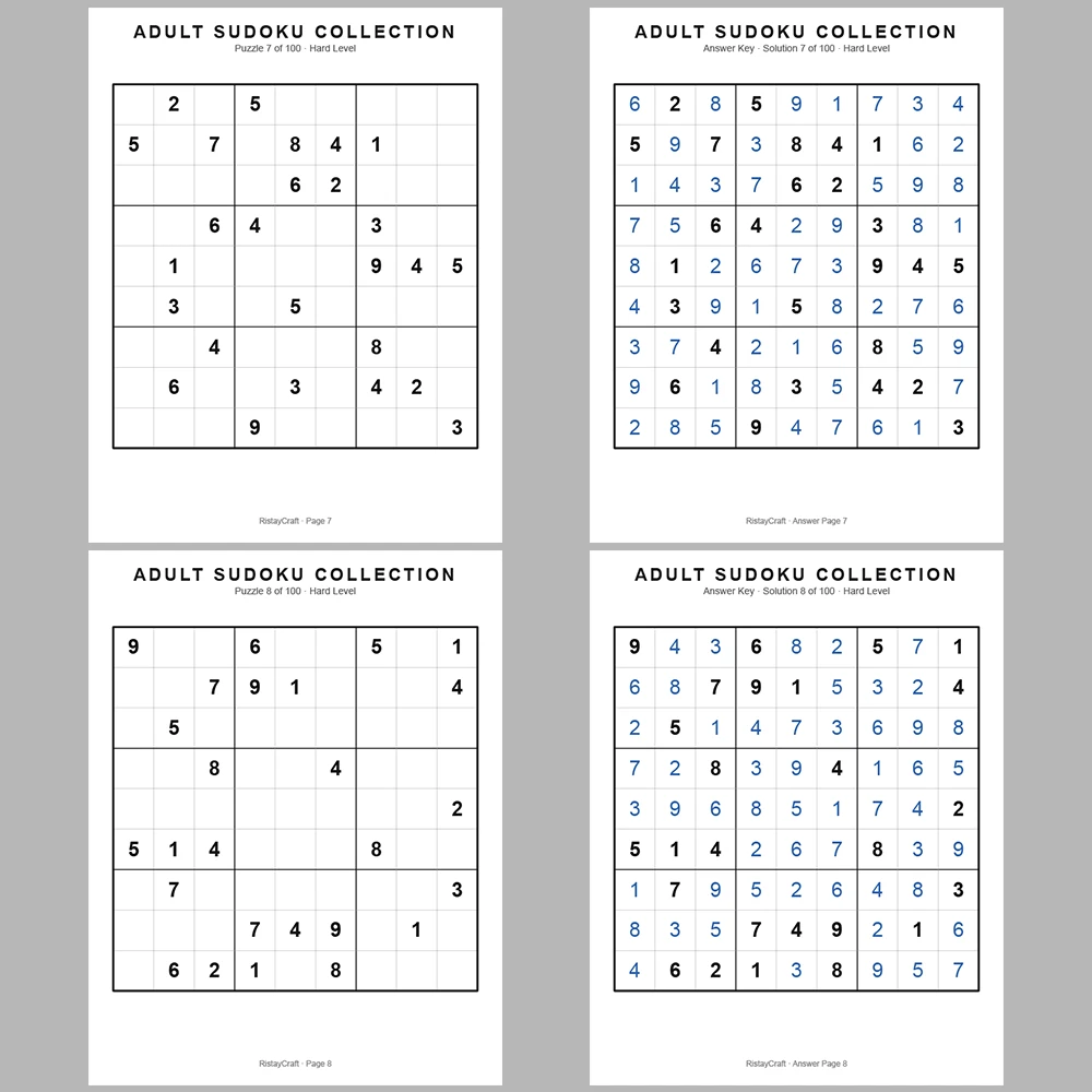 Sudoku Puzzle Adult Hard 100 Puzzle Pages + 100 Answer Key Pages