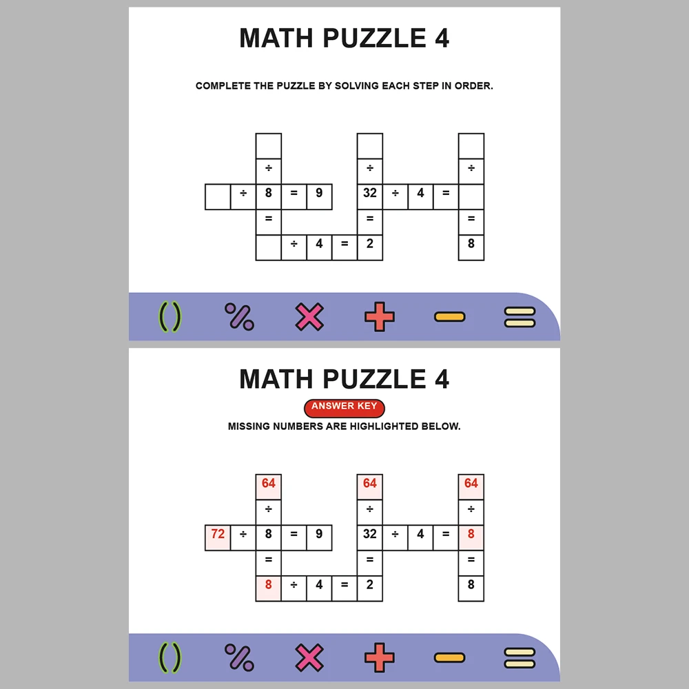 Math Puzzle Division 10 Puzzle Pages + 10 Answer Key Pages (Vol. 9)