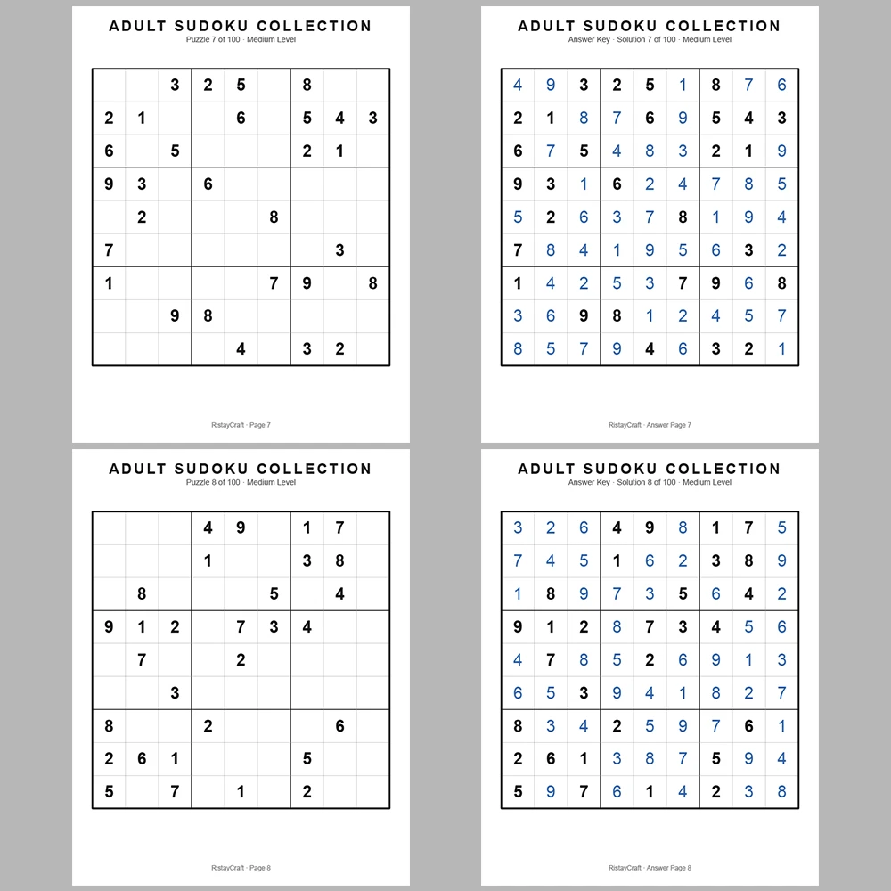 Sudoku Puzzle Adult Medium 100 Puzzle Pages + 100 Answer Key Pages