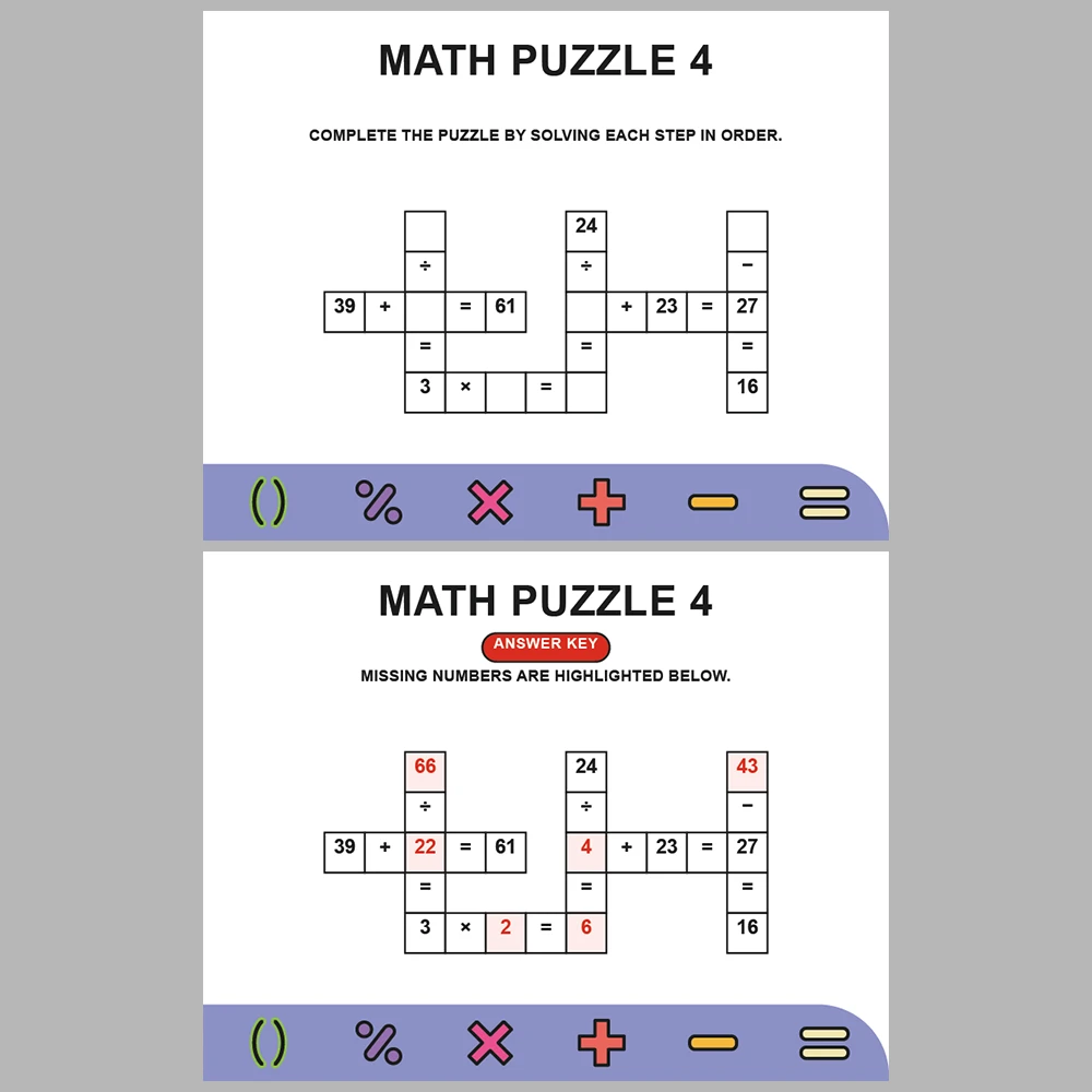 Math Puzzle Four Operations 10 Puzzle Pages + 10 Answer Key Pages (Vol. 9)