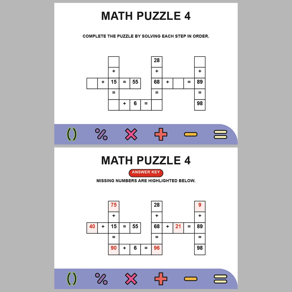 Math Puzzle Addition 10 Puzzle Pages + 10 Answer Key Pages (Vol. 2)