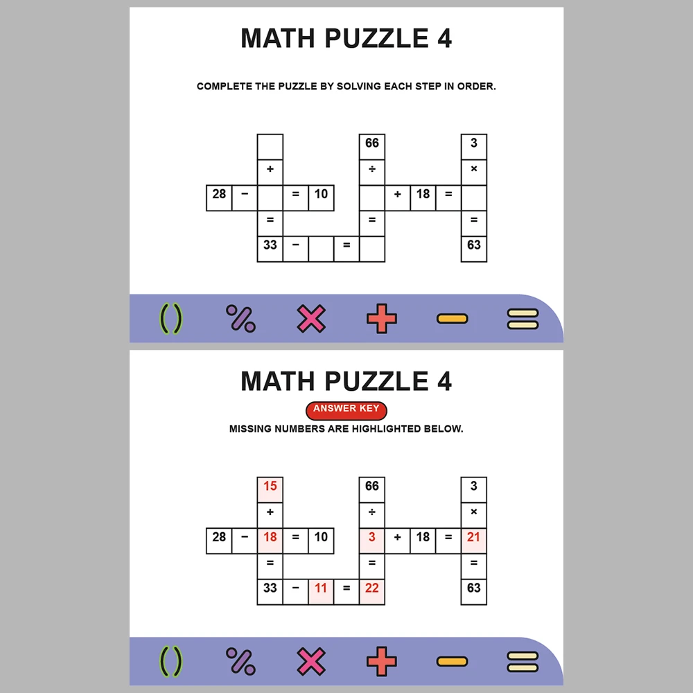 Math Puzzle Four Operations 10 Puzzle Pages + 10 Answer Key Pages (Vol. 4)