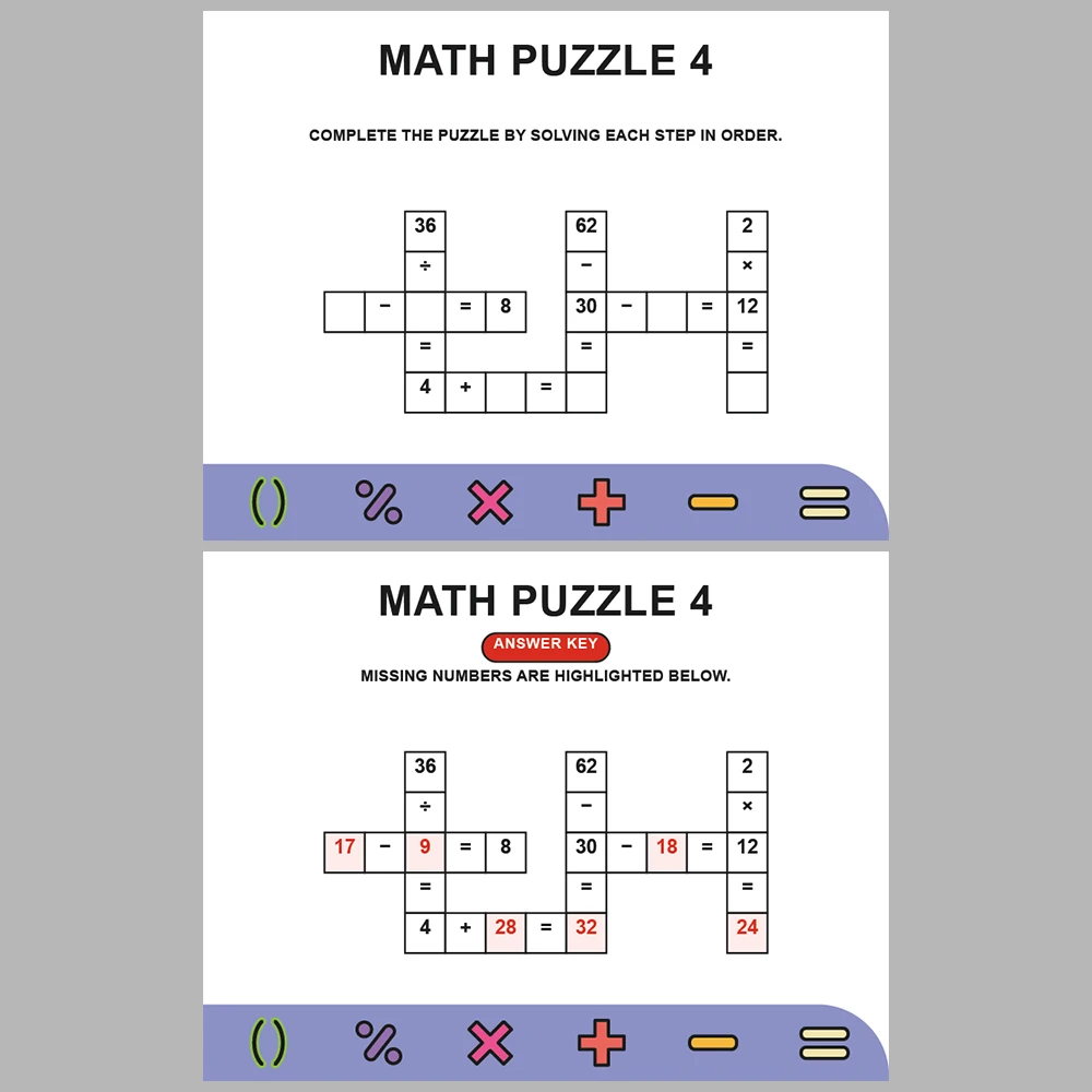 Math Puzzle Four Operations 10 Puzzle Pages + 10 Answer Key Pages (Vol. 7)