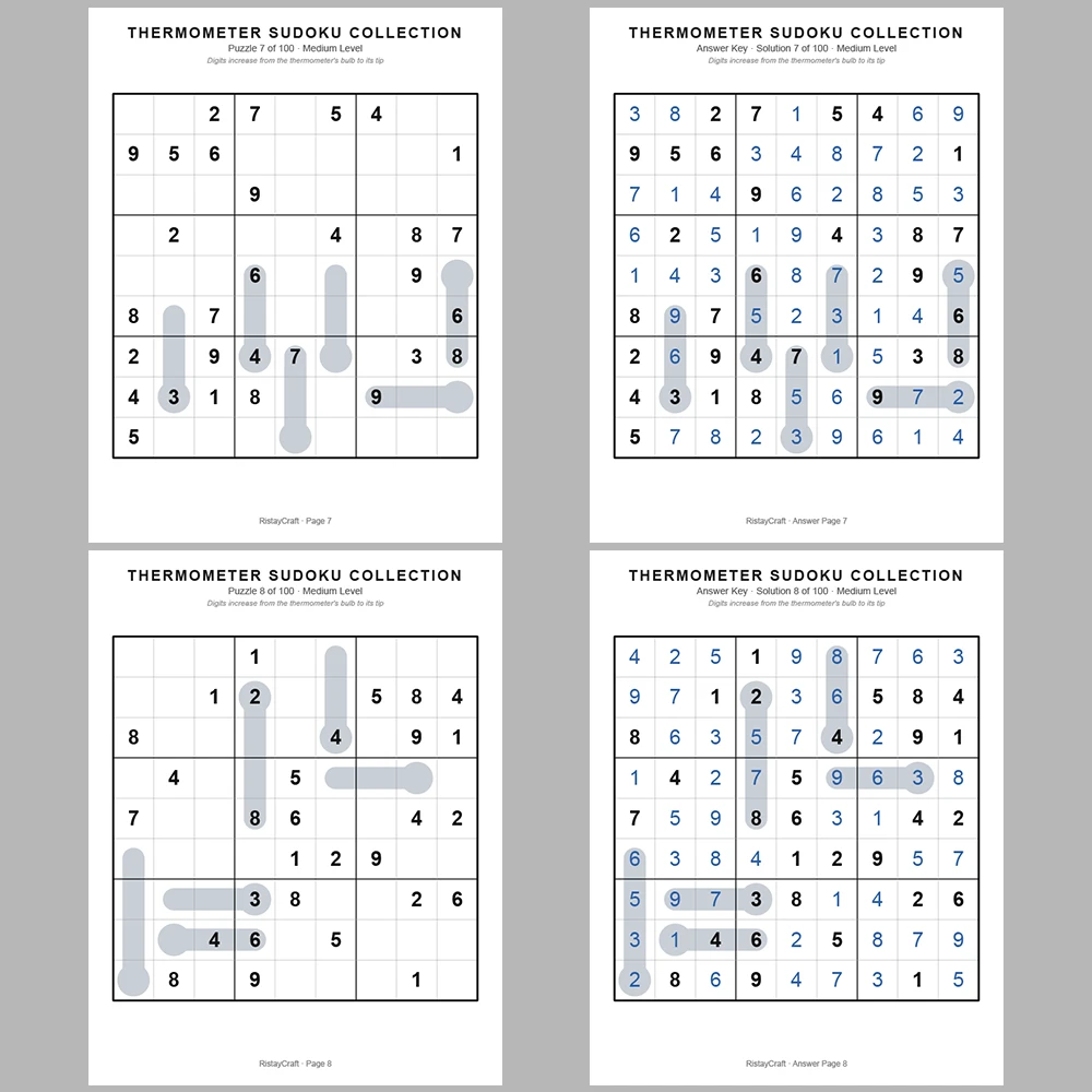 Sudoku Puzzle Thermometer Sudoku 100 Puzzle Pages + 100 Answer Key Pages