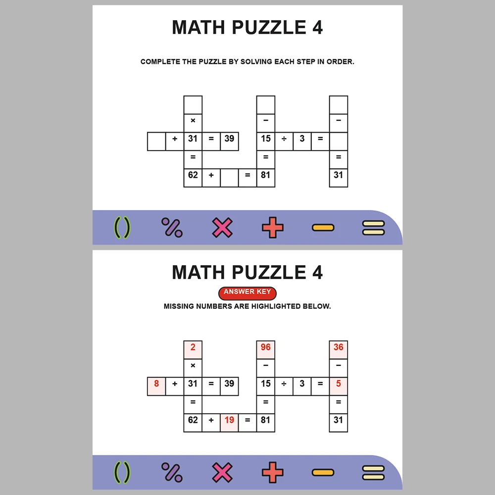 Math Puzzle Four Operations 10 Puzzle Pages + 10 Answer Key Pages (Vol. 6)