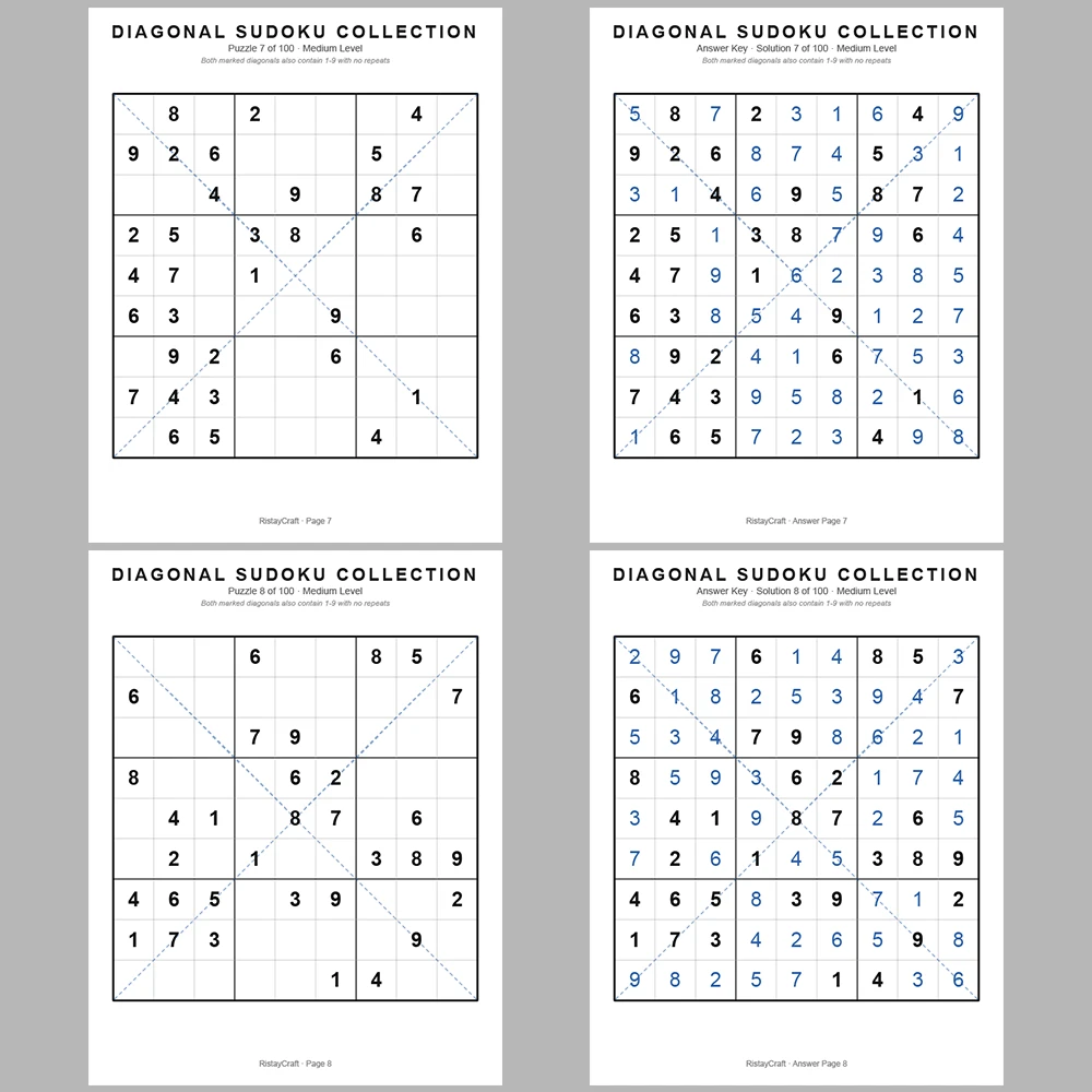 Sudoku Puzzle Diagonal Sudoku 100 Puzzle Pages + 100 Answer Key Pages
