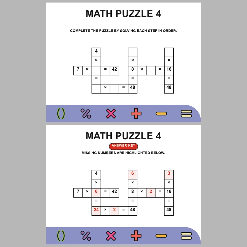 Math Puzzle Multiplication 10 Puzzle Pages + 10 Answer Key Pages (Vol. 2)