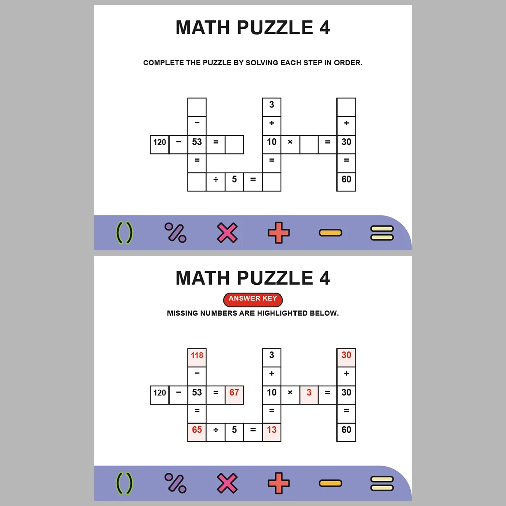 Math Puzzle Four Operations 10 Puzzle Pages + 10 Answer Key Pages (Vol. 19)