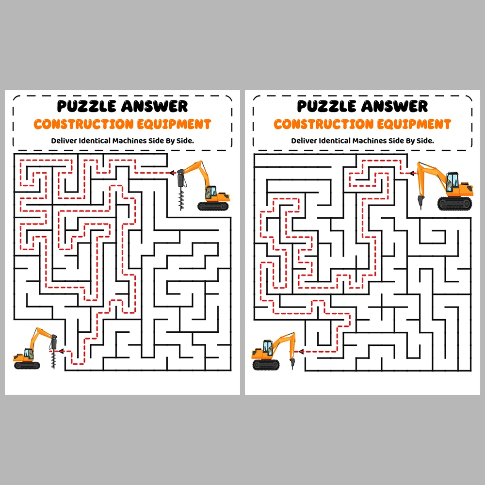 Construction Equipment Kids Maze Puzzle 10 Puzzle Pages + 10 Answer Key Pages