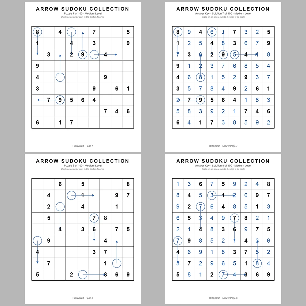 Suooku Puzzle Arrow Sudoku 100 Puzzle Pages + 100 Answer Key Pages