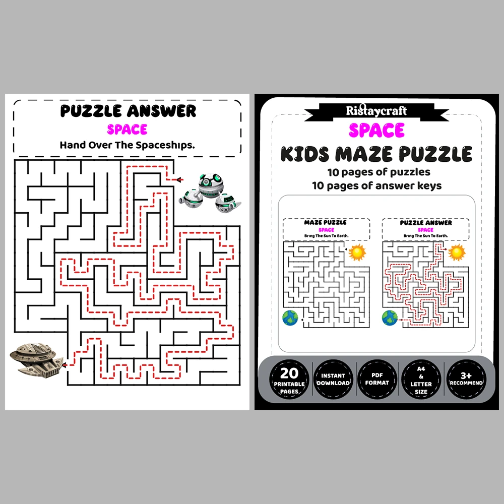 Space Kids Maze Puzzle 10 Pages of Puzzles