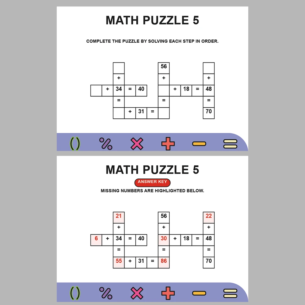 Math Puzzle Addition 10 Puzzle Pages + 10 Answer Key Pages (Vol. 5)