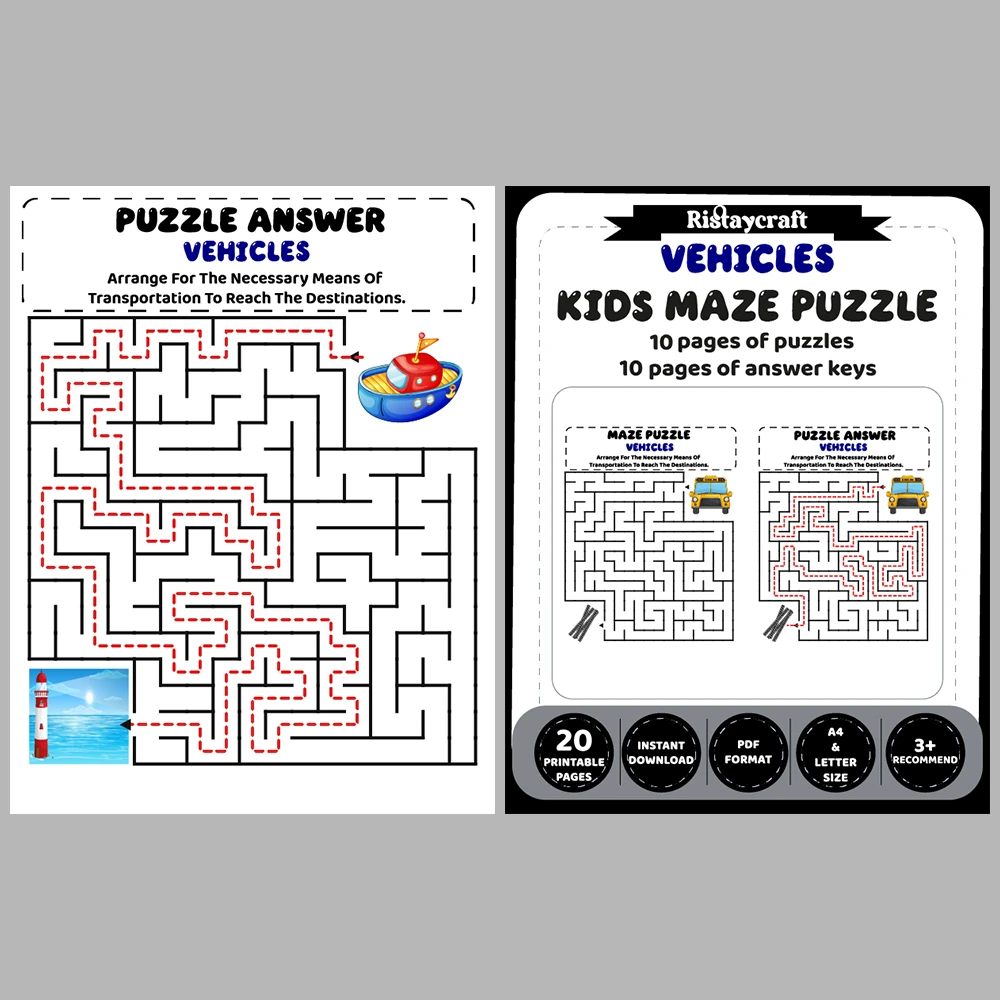 Vehicles Kids Maze Puzzle 10 Pages of Puzzles