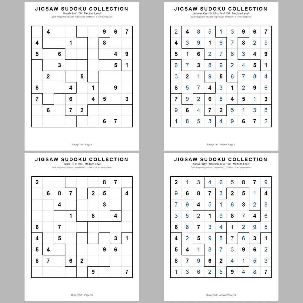 Sudoku Puzzle Jigsaw Sudoku 100 Puzzle Pages + 100 Answer Key Pages