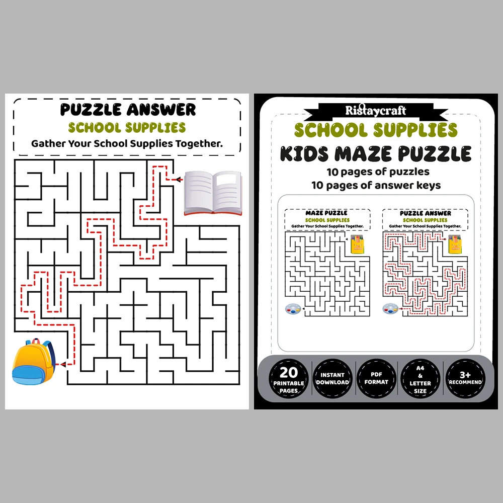 School Supplies Kids Maze Puzzle 10 Pages of Puzzles