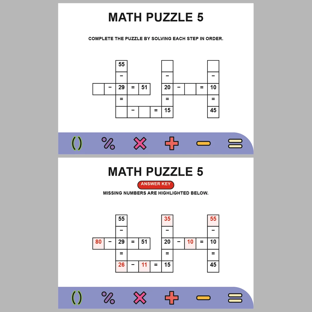Math Puzzle Subtraction 10 Puzzle Pages + 10 Answer Key Pages (Vol. 2)