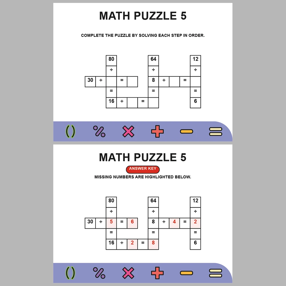 Math Puzzle Division 10 Puzzle Pages + 10 Answer Key Pages (Vol. 3)