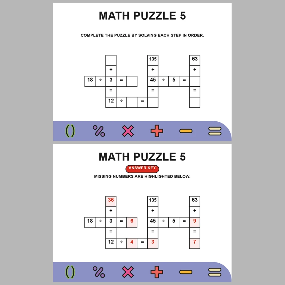 Math Puzzle Division 10 Puzzle Pages + 10 Answer Key Pages (Vol. 2)