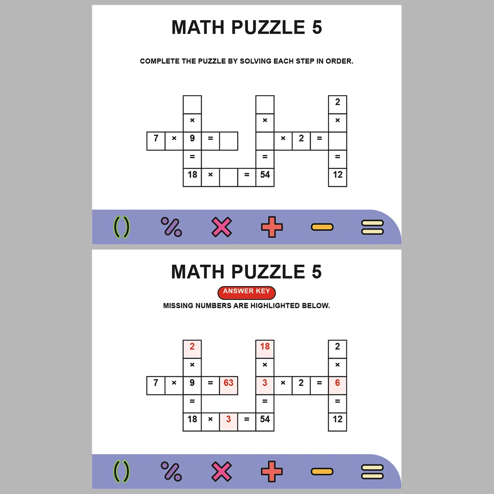 Math Puzzle Multiplication 10 Puzzle Pages + 10 Answer Key Pages (Vol. 7)