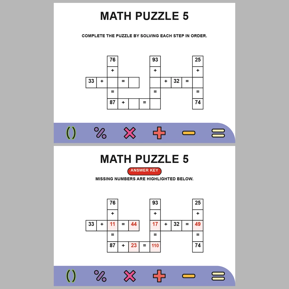 Math Puzzle Addition 10 Puzzle Pages + 10 Answer Key Pages (Vol. 1)