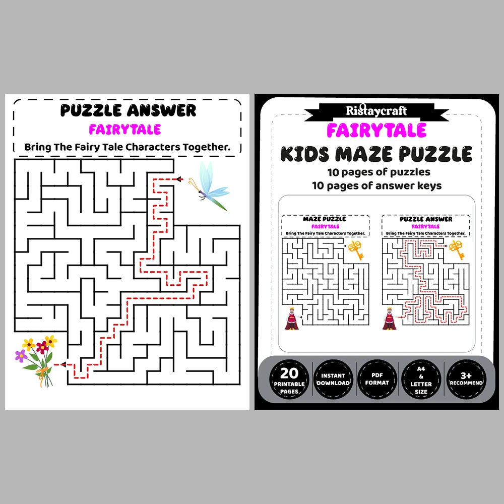 Fairytale Kids Maze Puzzle 10 Pages of Puzzles