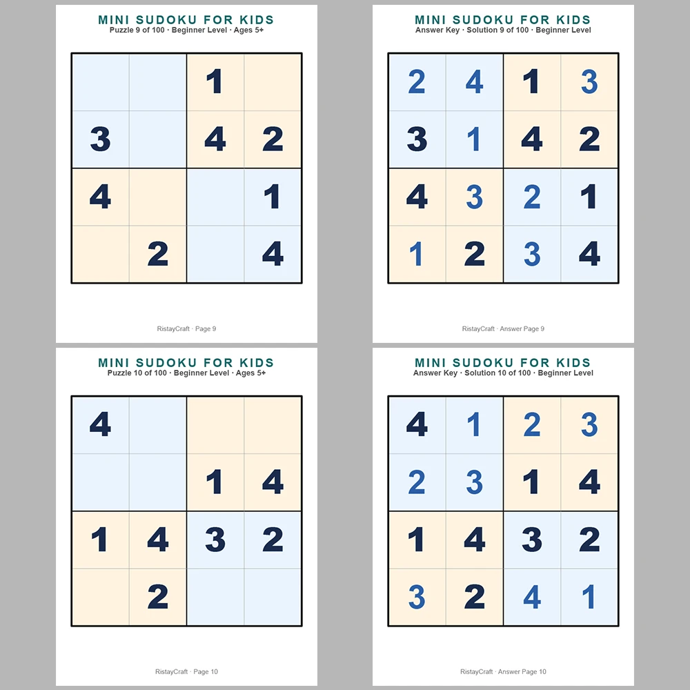 Mini Sudoku Puzzle for Kids 100 Puzzle Pages + 100 Answer Key Pages