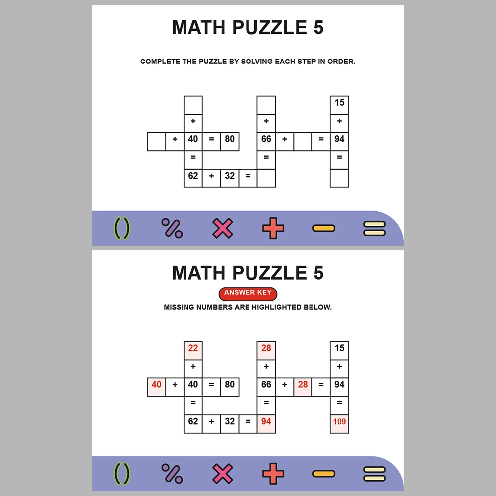 Math Puzzle Addition 10 Puzzle Pages + 10 Answer Key Pages (Vol. 10)