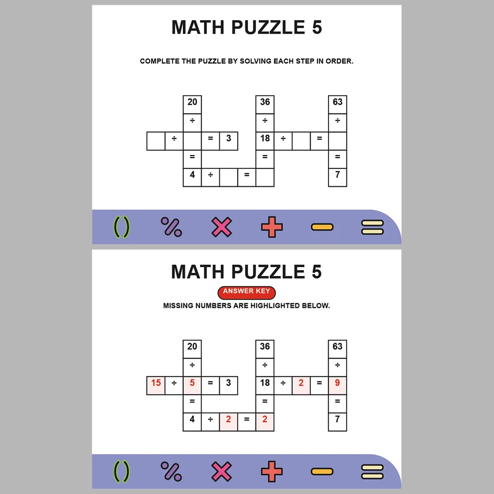 Math Puzzle Division 10 Puzzle Pages + 10 Answer Key Pages (Vol. 1)