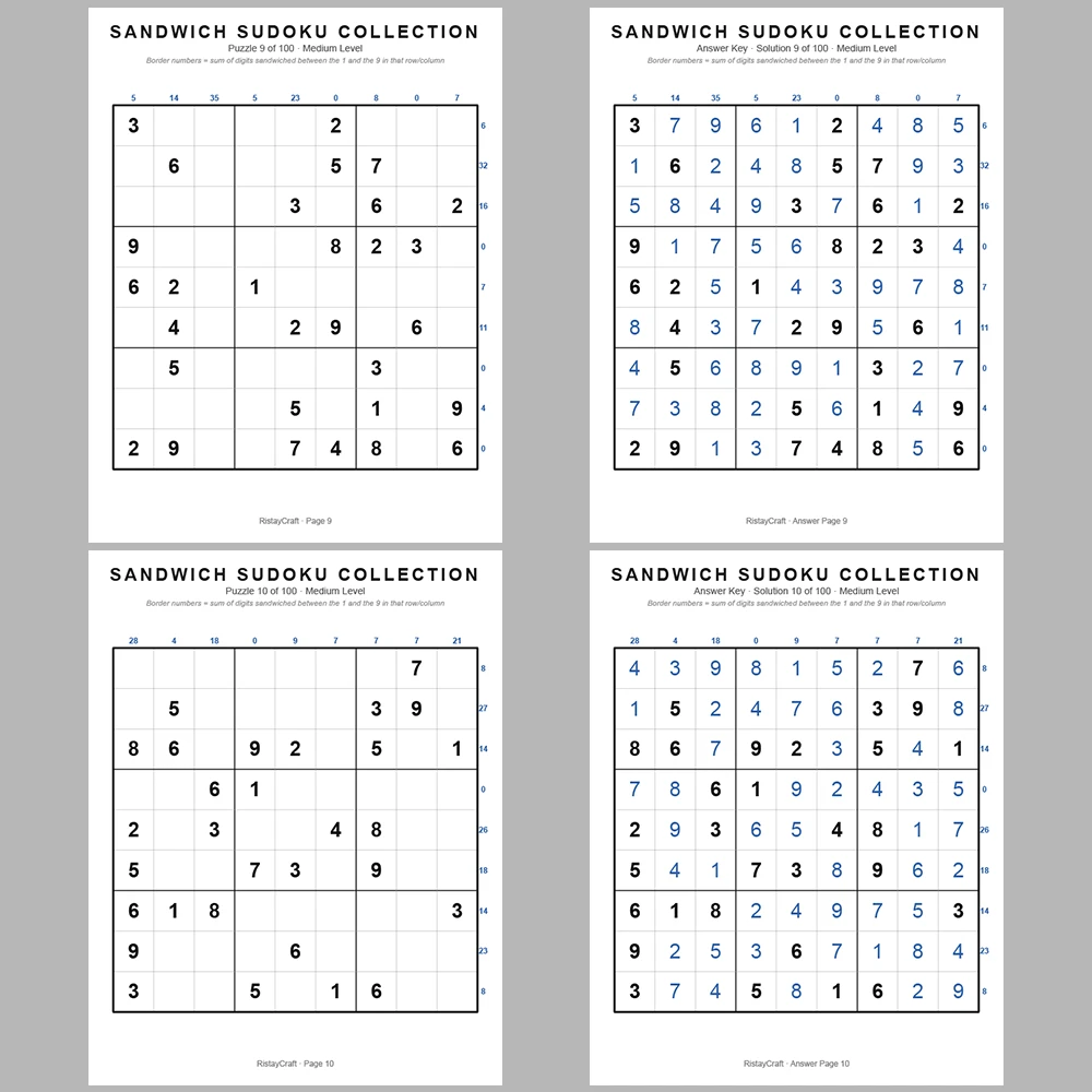 Suooku Puzzle Sandwich Sudoku 100 Puzzle Pages + 100 Answer Key Pages
