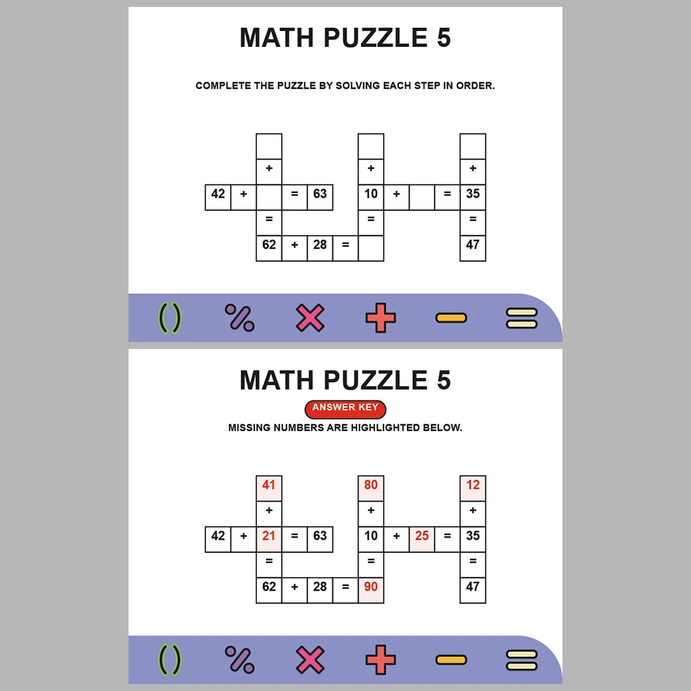 Math Puzzle Addition 10 Puzzle Pages + 10 Answer Key Pages (Vol. 8)