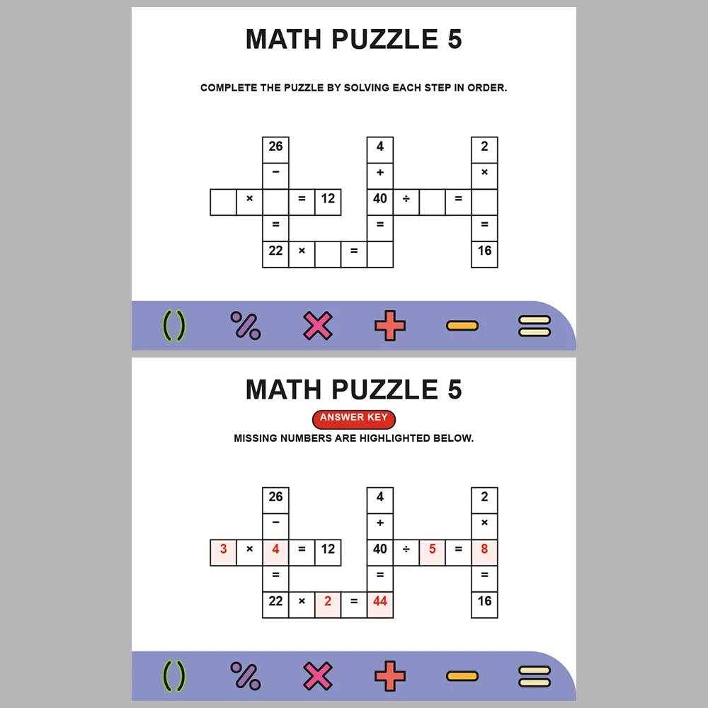 Math Puzzle Four Operations 10 Puzzle Pages + 10 Answer Key Pages (Vol. 8)