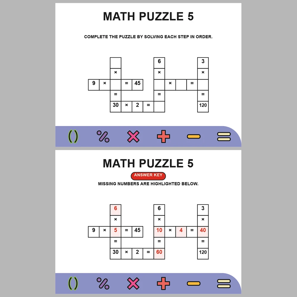 Math Puzzle Multiplication 10 Puzzle Pages + 10 Answer Key Pages (Vol. 4)
