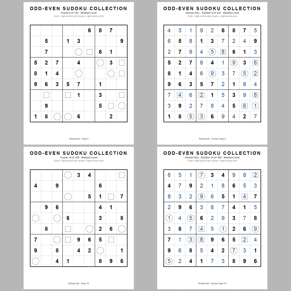 Sudoku Puzzle Odd-even Sudoku 100 Puzzle Pages + 100 Answer Key Pages