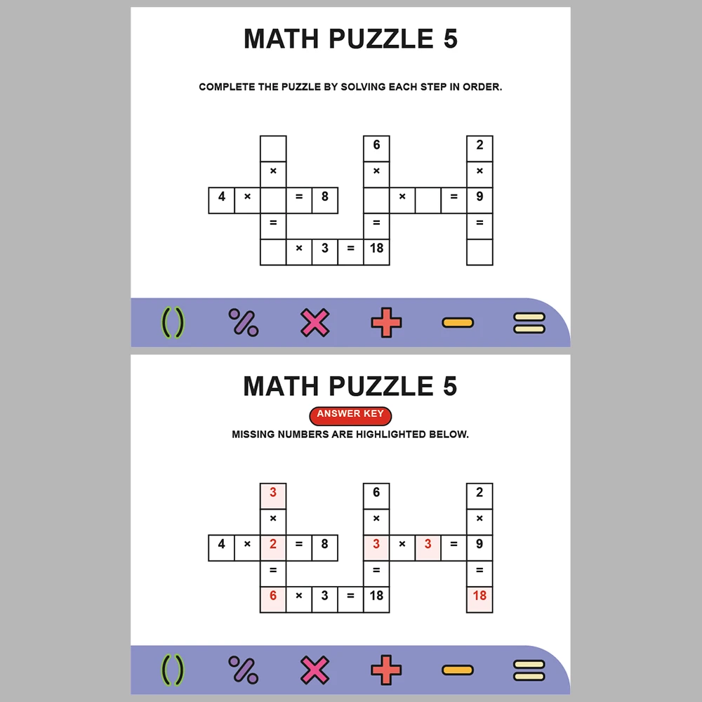Math Puzzle Multiplication 10 Puzzle Pages + 10 Answer Key Pages (Vol. 9)