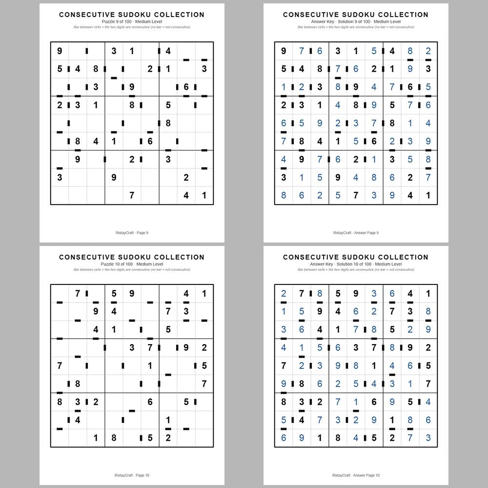 Sudoku Puzzle Consecutive Sudoku 100 Puzzle Pages + 100 Answer Key Pages