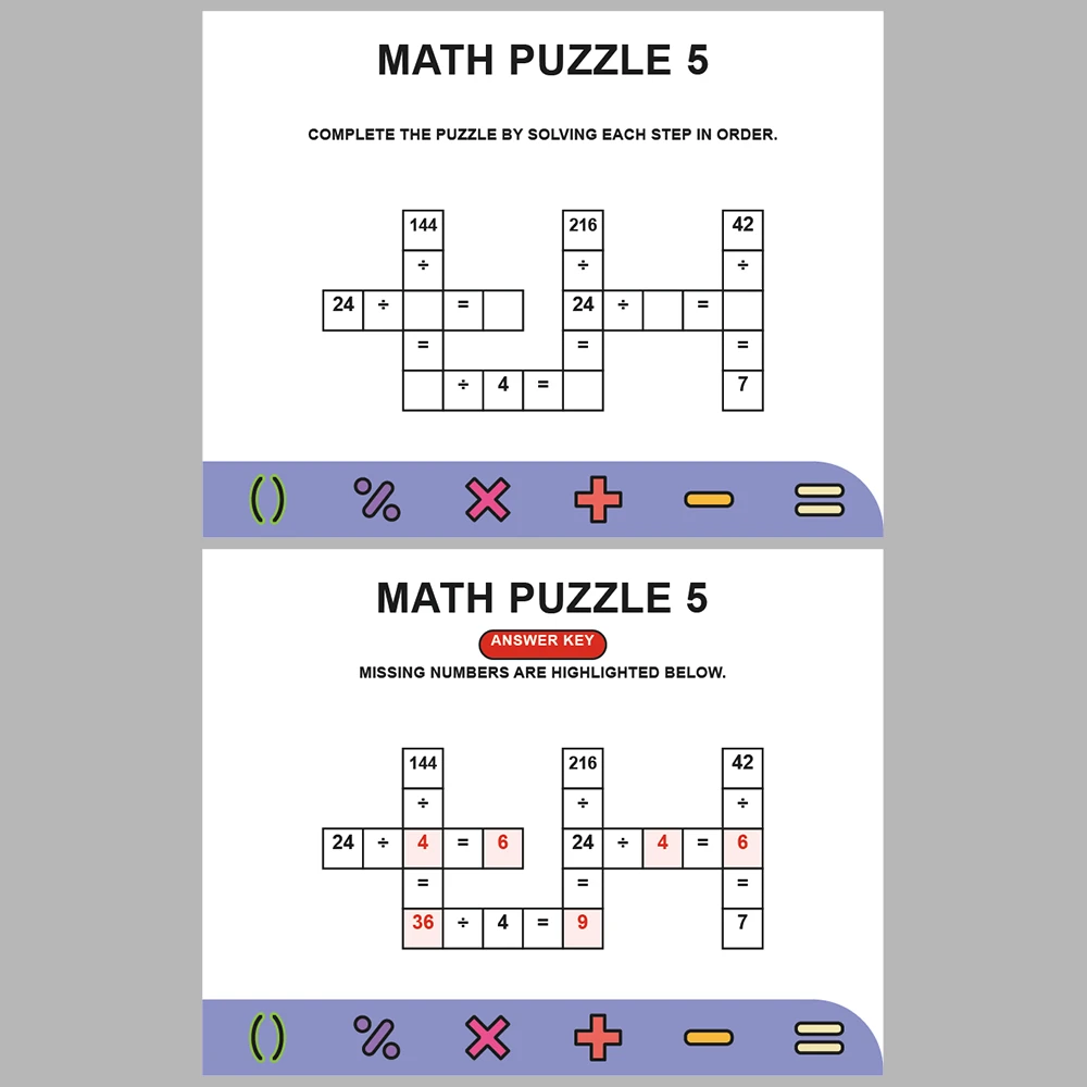 Math Puzzle Division 10 Puzzle Pages + 10 Answer Key Pages (Vol. 5)