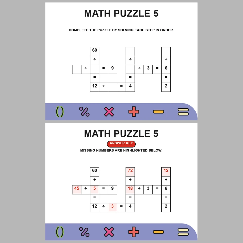 Math Puzzle Division 10 Puzzle Pages + 10 Answer Key Pages (Vol. 6)