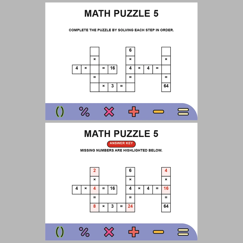 Math Puzzle Multiplication 10 Puzzle Pages + 10 Answer Key Pages (Vol. 8)