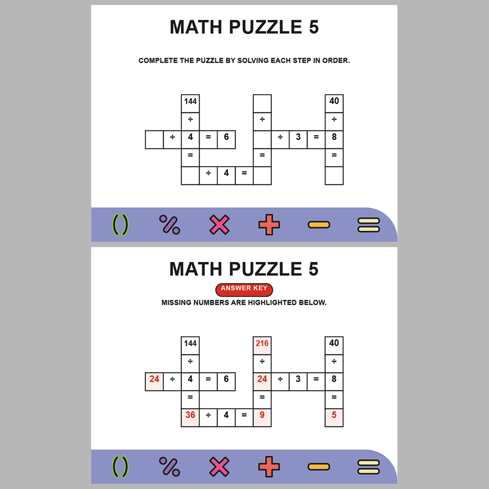 Math Puzzle Division 10 Puzzle Pages + 10 Answer Key Pages (Vol. 7)
