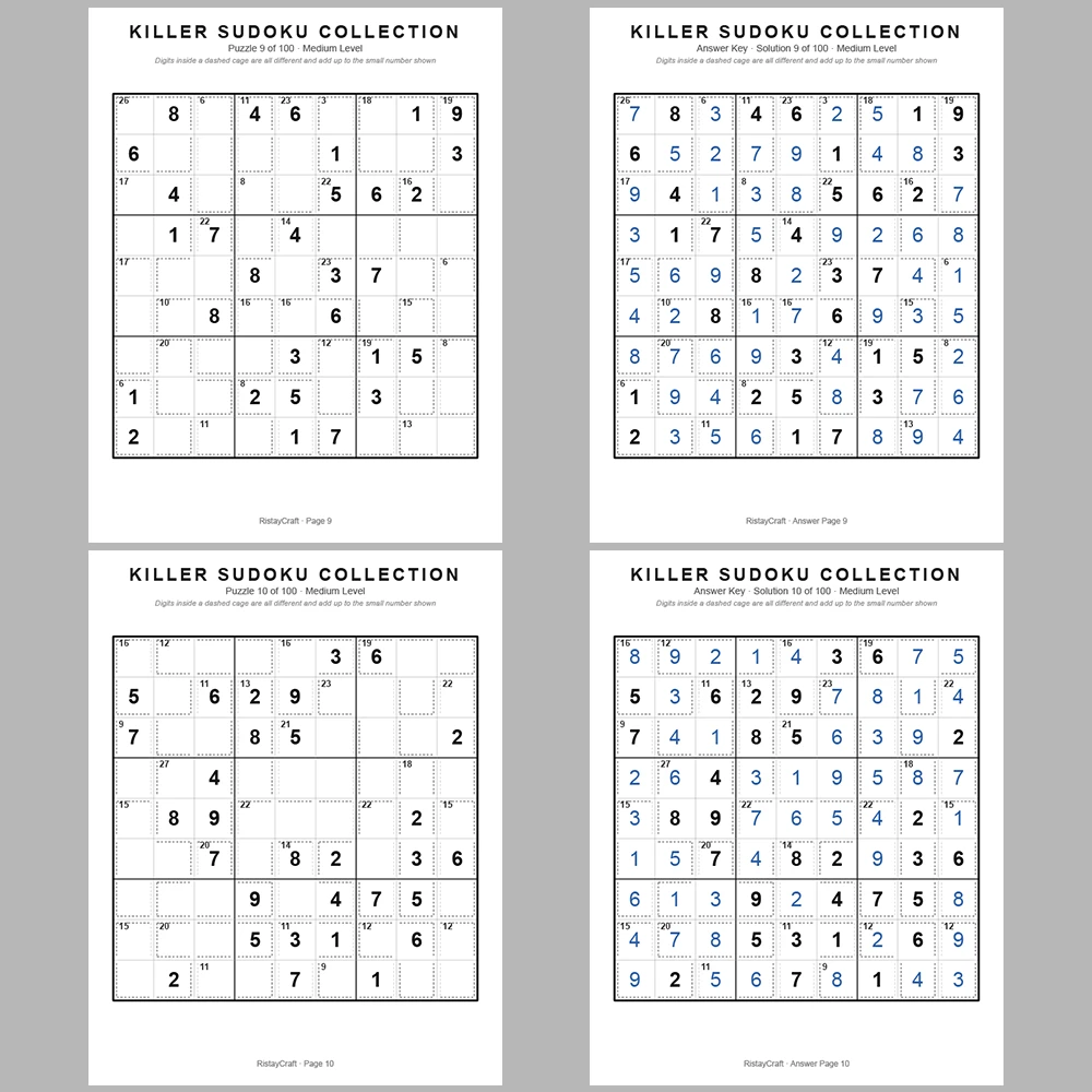 Sudoku Puzzle Killer Sudoku 100 Puzzle Pages + 100 Answer Key Pages