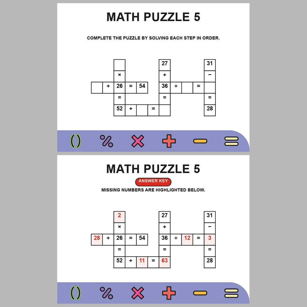 Math Puzzle Four Operations 10 Puzzle Pages + 10 Answer Key Pages (Vol. 5)