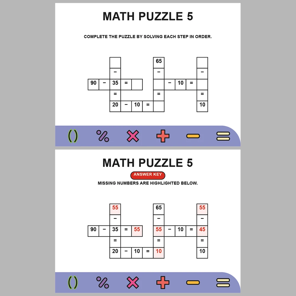 Math Puzzle Subtraction 10 Puzzle Pages + 10 Answer Key Pages (Vol. 6)