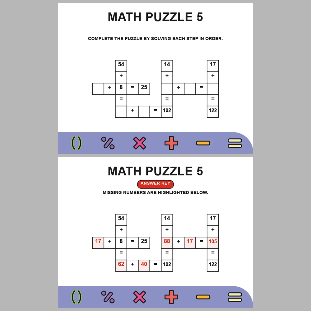 Math Puzzle Addition 10 Puzzle Pages + 10 Answer Key Pages (Vol. 9)