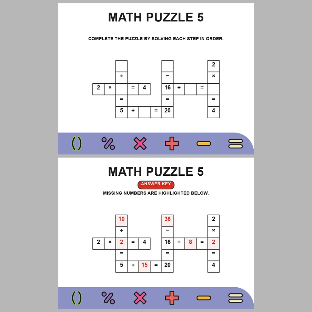 Math Puzzle Four Operations 10 Puzzle Pages + 10 Answer Key Pages (Vol. 12)