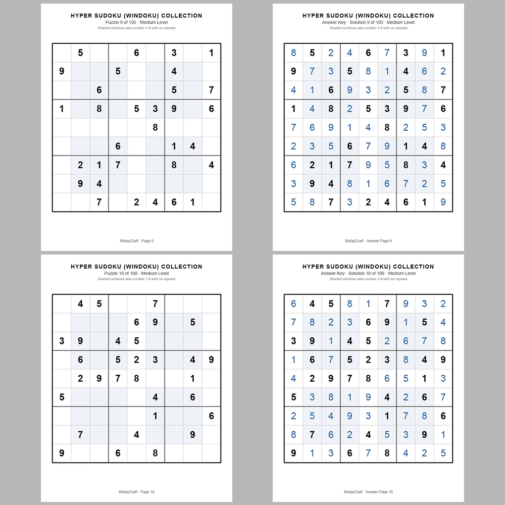 Sudoku Puzzle Hyper Sudoku 100 Puzzle Pages + 100 Answer Key Pages