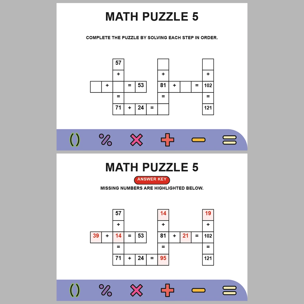 Math Puzzle Addition 10 Puzzle Pages + 10 Answer Key Pages (Vol. 3)